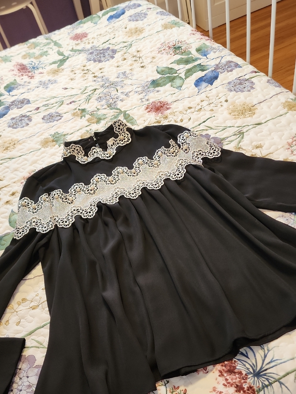 Black Lace-Trim High Neck Blouse